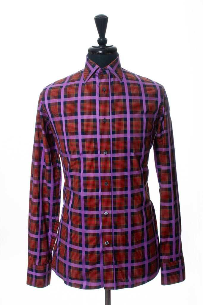 Duchamp Orange and Lilac Plaid Slim Fit Shirt