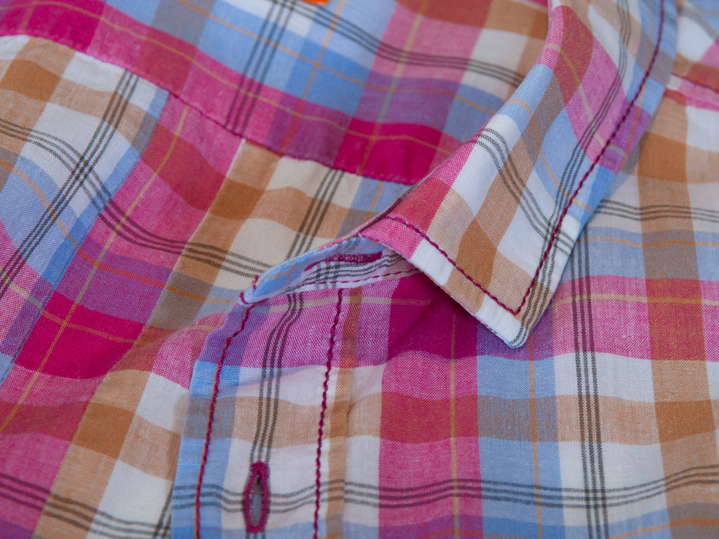 Hugo Boss Pink Check EZippoE Linen Blend Short Sleeve Shirt