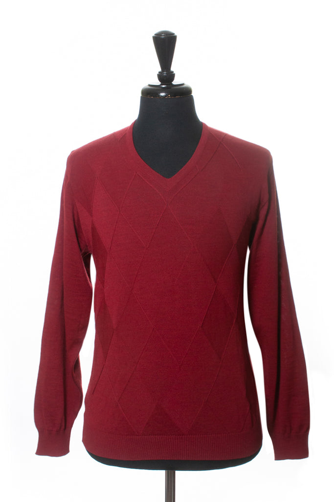 St Croix Deep Red Argyle Knit V-Neck Sweater