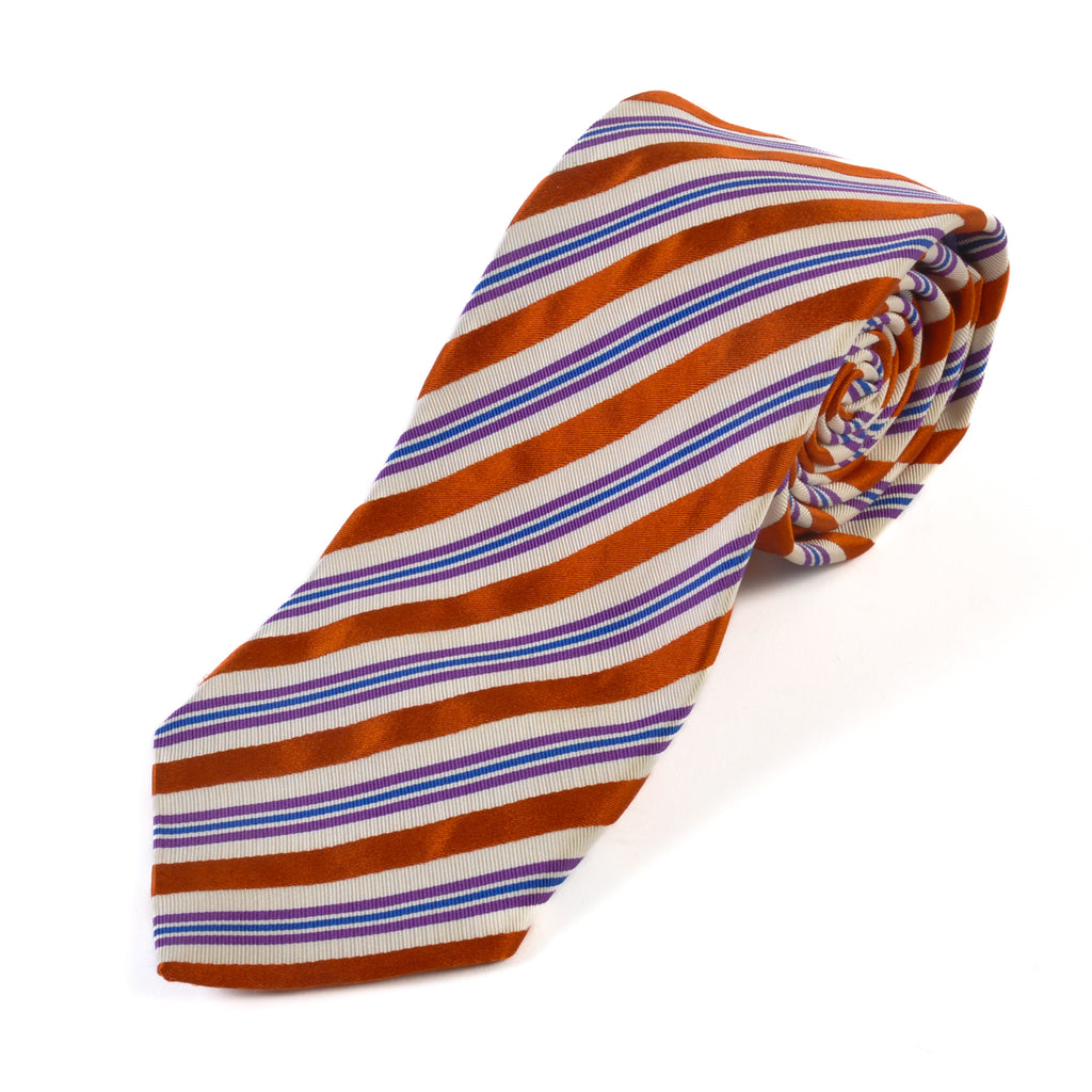 Etro Orange and Purple on White Striped Tie