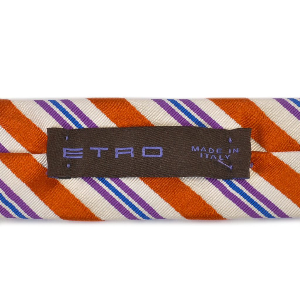 Etro Orange and Purple on White Striped Tie