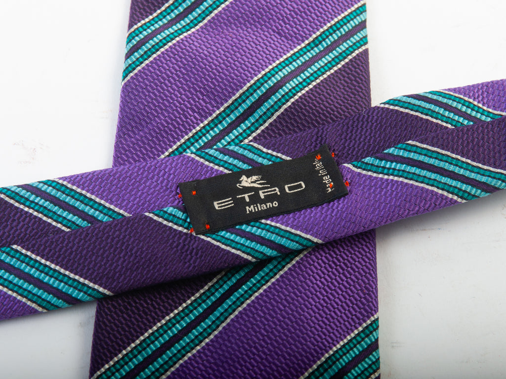Etro Teal Blue on Purple Striped Silk Cotton Tie