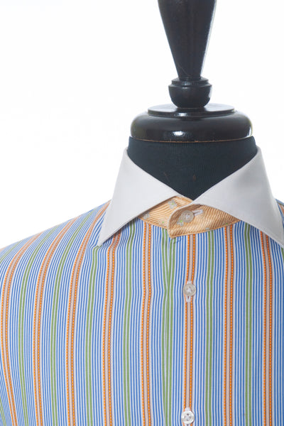 Robert Graham Blue and Orange Striped Silk Blend Dress Shirt