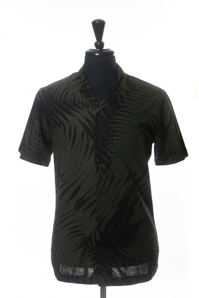 Wings + Horns Black on Green Palm Print Camp Shirt