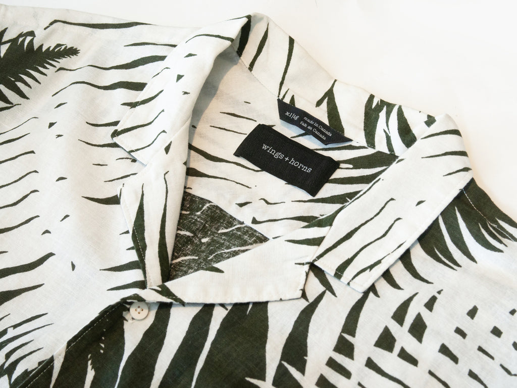 Wings + Horns Green on White Palm Print Camp Shirt