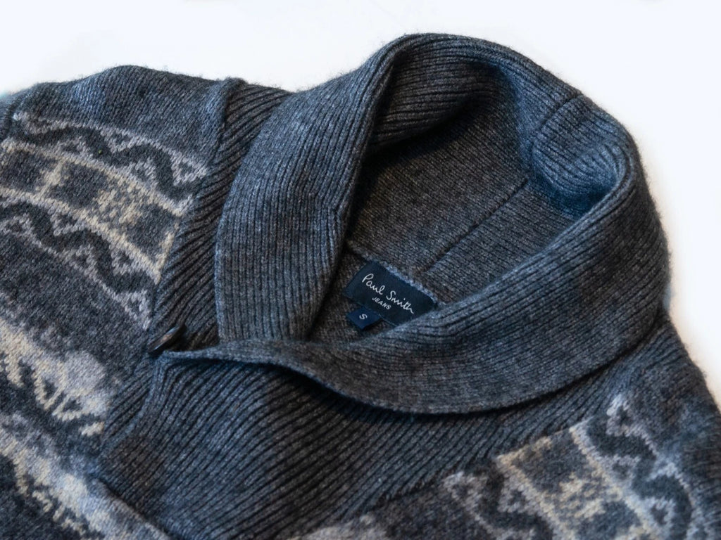 Paul Smith Gray Nordic Patterned Shawl Collar Sweater