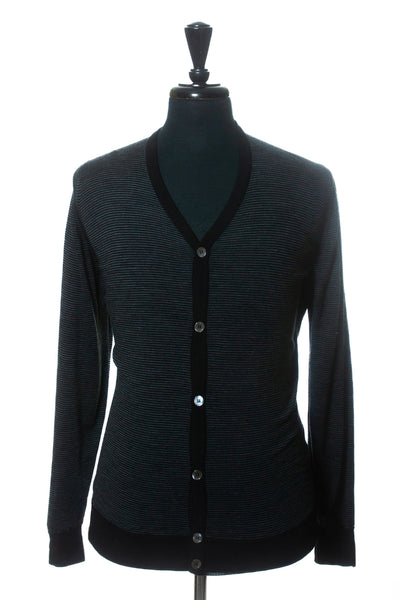 John Smedley Grey and Black Striped New Zealand Merino Cardigan Sweater