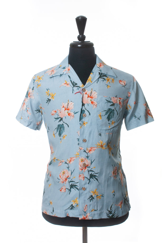 Naked & Famous NWT Blue Silky Flowers Aloha Shirt
