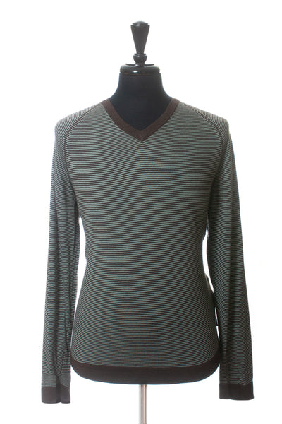 Ted Baker Green Striped Silk Cotton Cashmere V-Neck Sweater