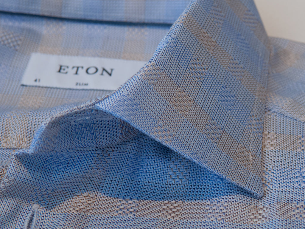 Eton Sky Grey on Blue Check Slim Fit Textured Twill Shirt