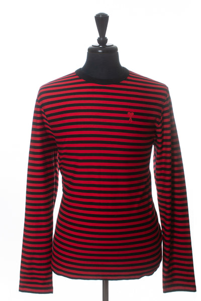 AMI Red on Black Striped Knit Cotton Sweater