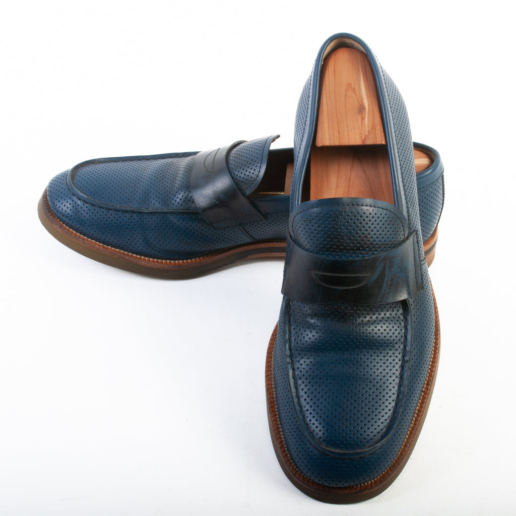 Giorgio Armani Blue Perforated Leather Penny Loafers