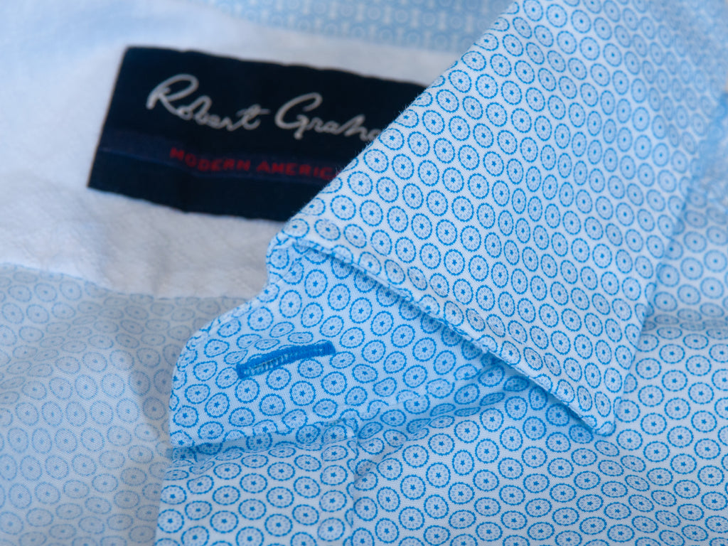  Robert Graham Blue and White Geometric Print Short Sleeve Shirt