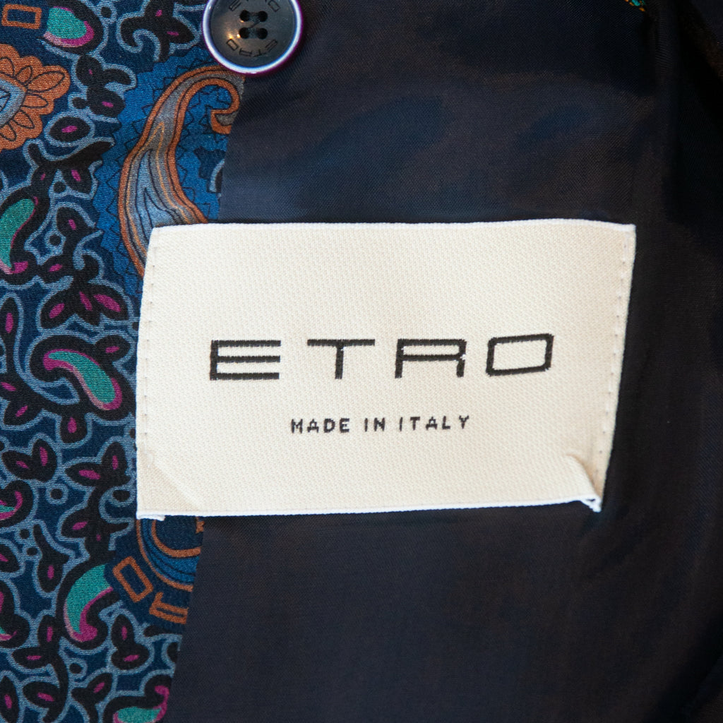 Etro Milano Navy Blue Basketweave Print Suit