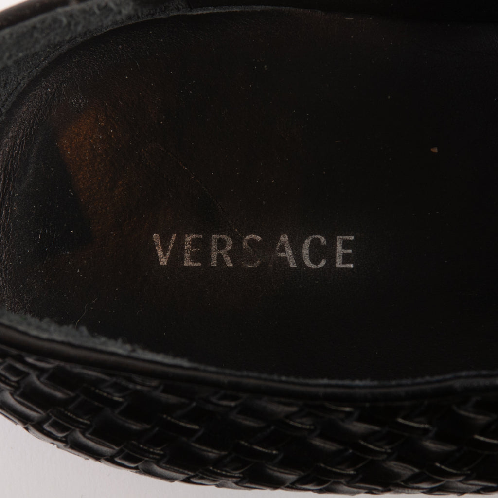 Versace Black Cap Toe Basket Weave Slip-Ons