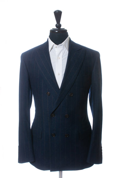 Brunello Cucinelli Brown on Navy Chalk Stripe Double Breasted Suit