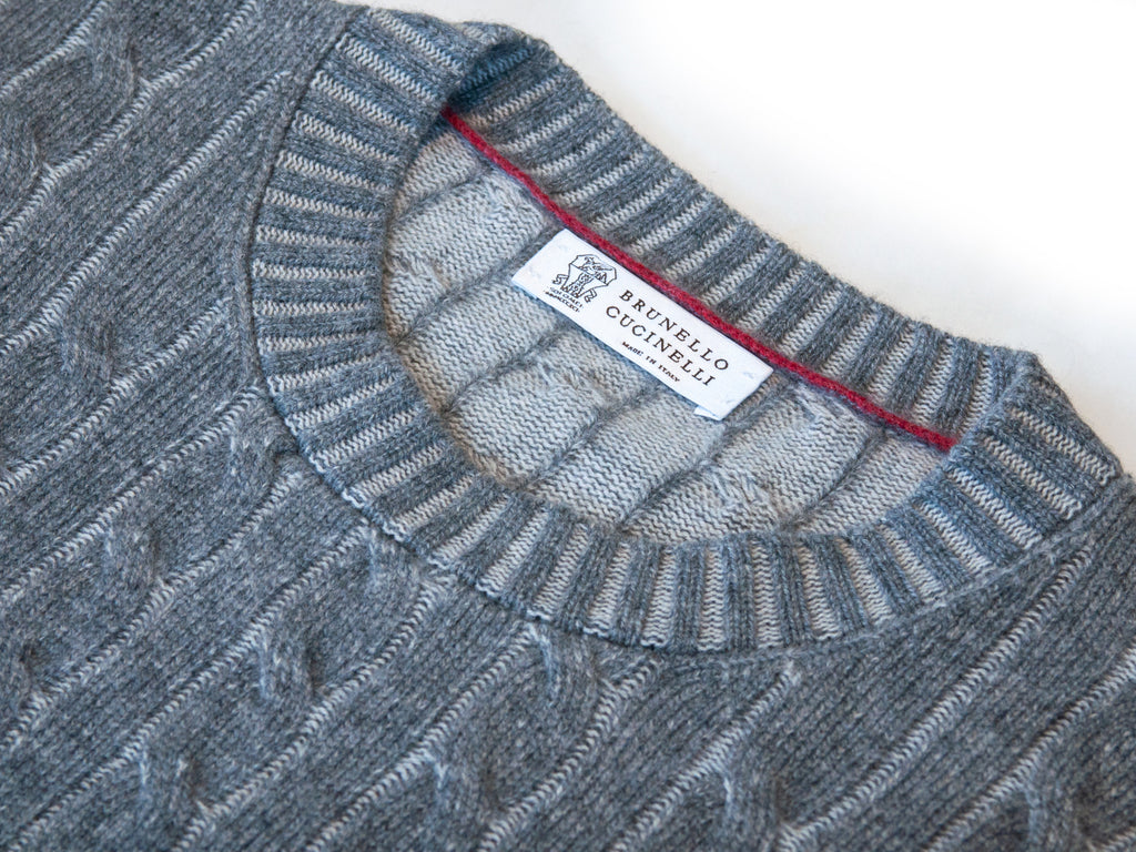 Brunello Cucinelli Grey Garment Dyed Cashmere Cable Knit Sweater
