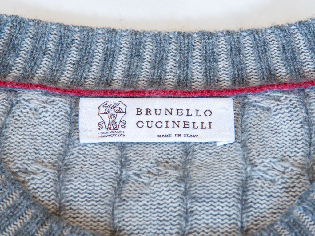 Brunello Cucinelli Grey Garment Dyed Cashmere Cable Knit Sweater