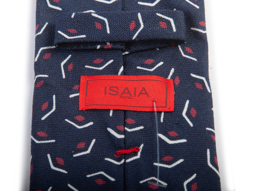 Isaia Navy Blue Geometric Print Cotton Silk Tie