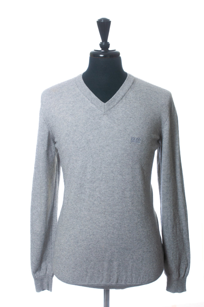 Hugo Boss Grey Wool-Cotton Badu V-Neck Sweater