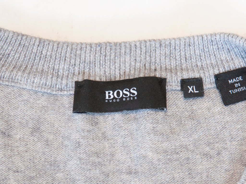 Hugo Boss Grey Wool-Cotton Badu V-Neck Sweater
