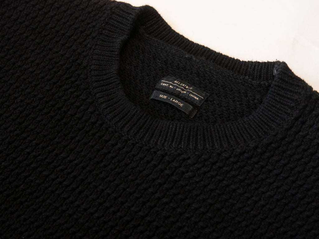 AllSaints Washed Black Waffle Knit Ettrick Crew Sweater
