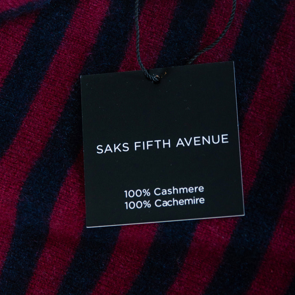 Saks Fifth Avenue NWT Black and Burgundy Striped Cashmere Crewneck Sweater