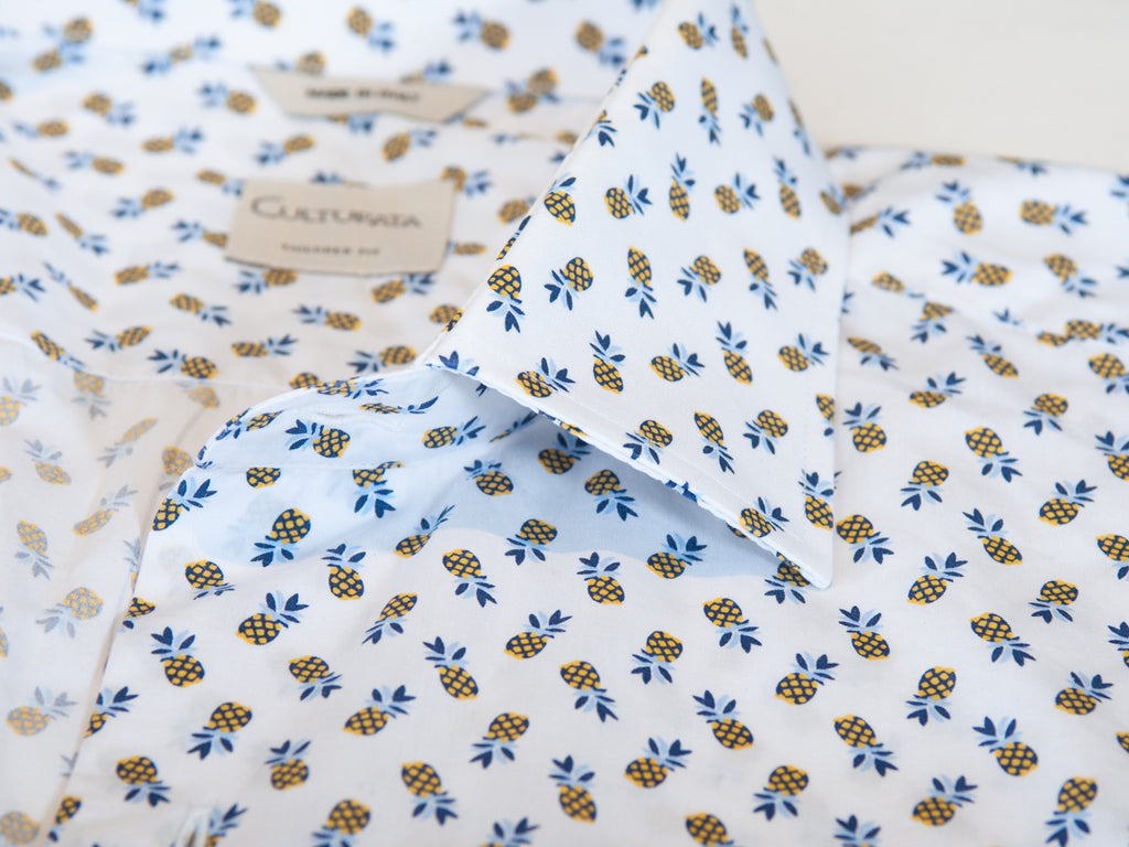 Culturata White Pineapple Print Tailored Fit Short Sleeve Shirt