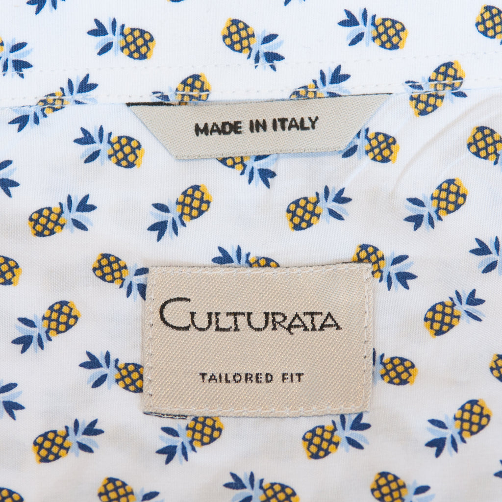 Culturata White Pineapple Print Tailored Fit Short Sleeve Shirt