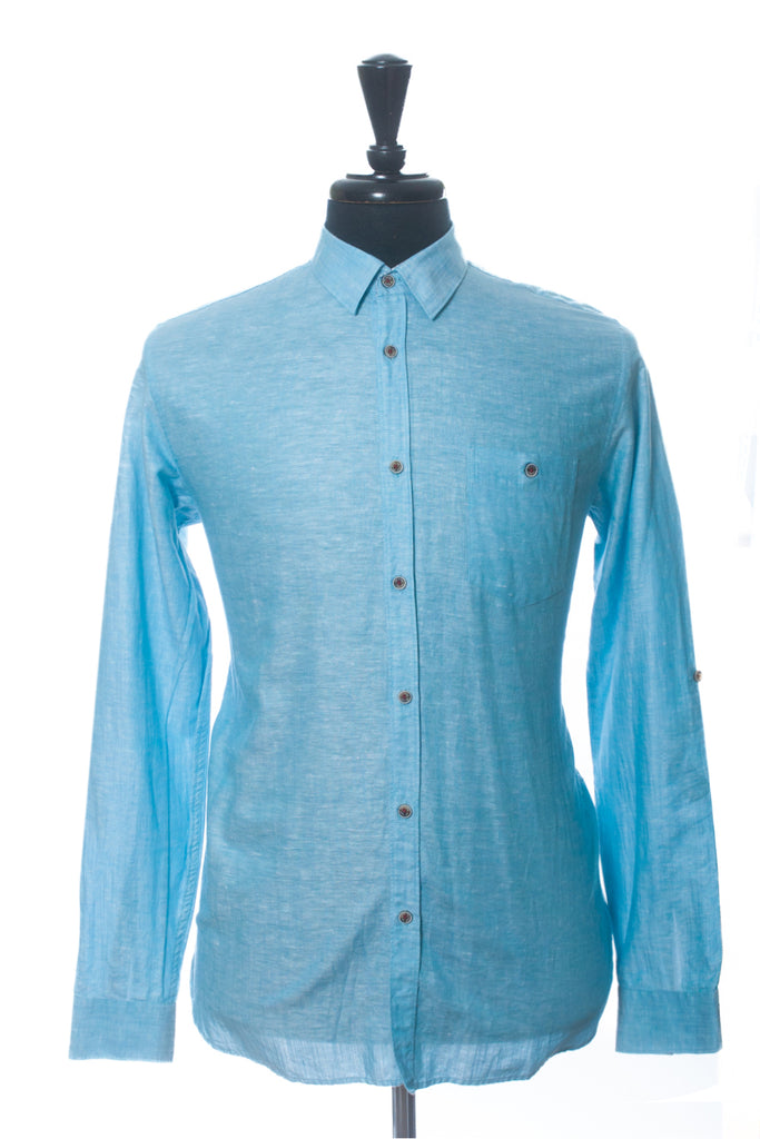 Ted Baker Teal Blue Linen Blend Linneo Shirt