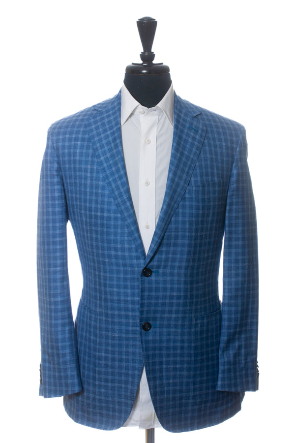 Canali Kei Light Blue Check Silk Linen Blazer