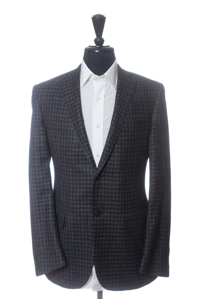 Corneliani Brown on Grey Check Silk Linen Cashmere Academy Blazer