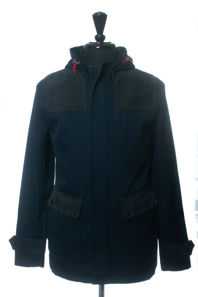Isaia Napoli Navy Blue Suede Accented Hooded Jacket