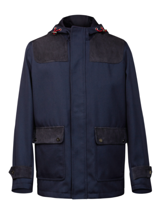 Isaia Napoli Navy Blue Suede Accented Hooded Jacket