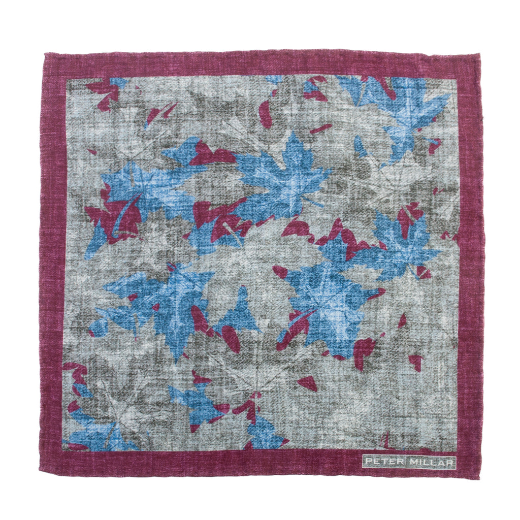 Peter Millar Grey and Merlot Leaf Print Pocket Square