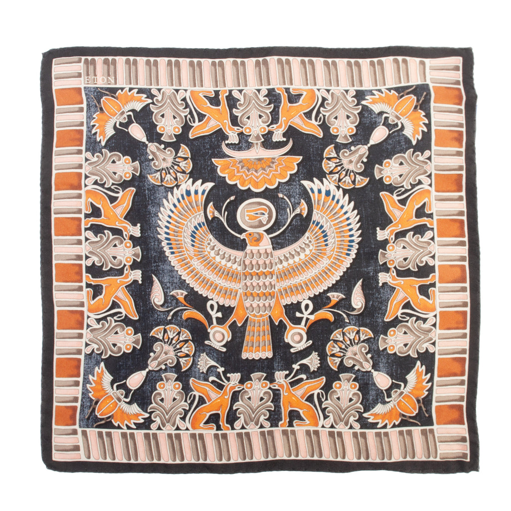 Eton Orange on Black Egyptian Print Pocket Square