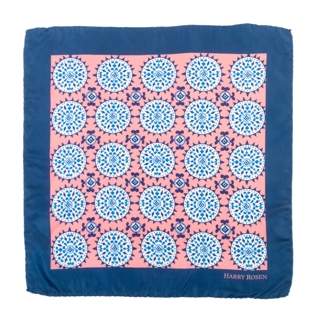 Harry Rosen Pink on Navy Blue Geo Print Pocket Square