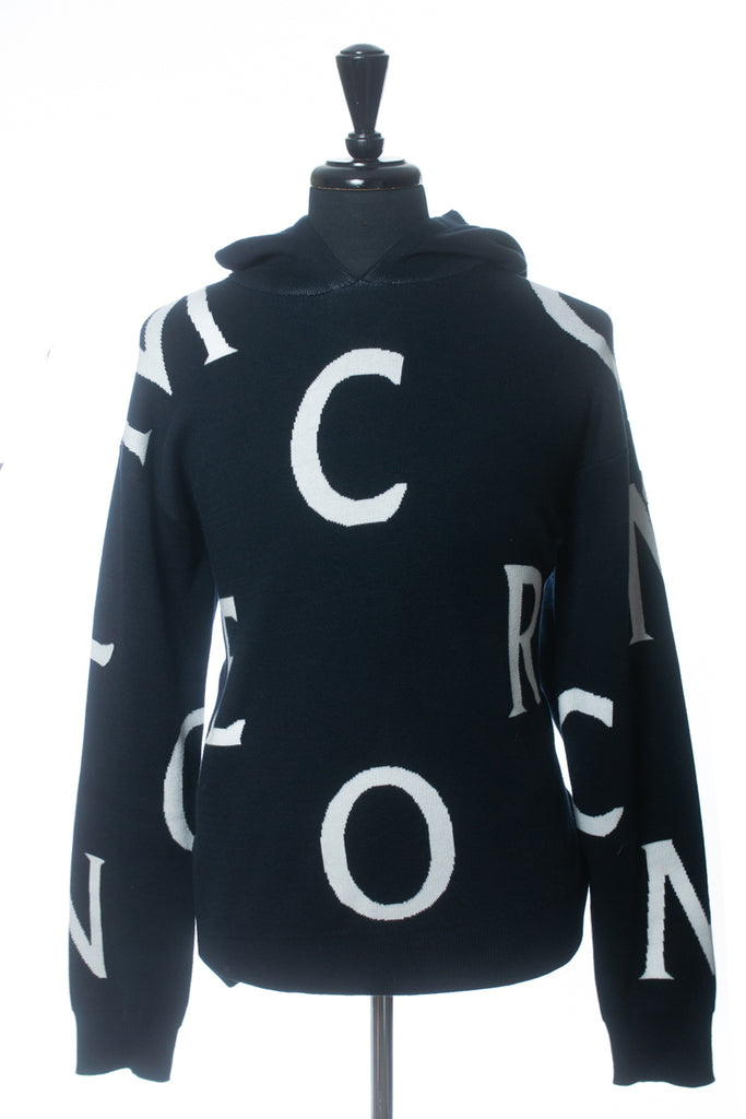 Moncler Midnight Blue Girocollo Tricot Letter Knit Hoodie