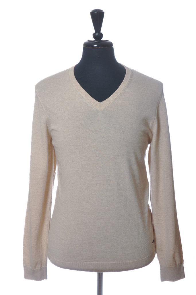 Hugo Boss Oatmeal Brown Slim Fit Merino V-Neck Sweater