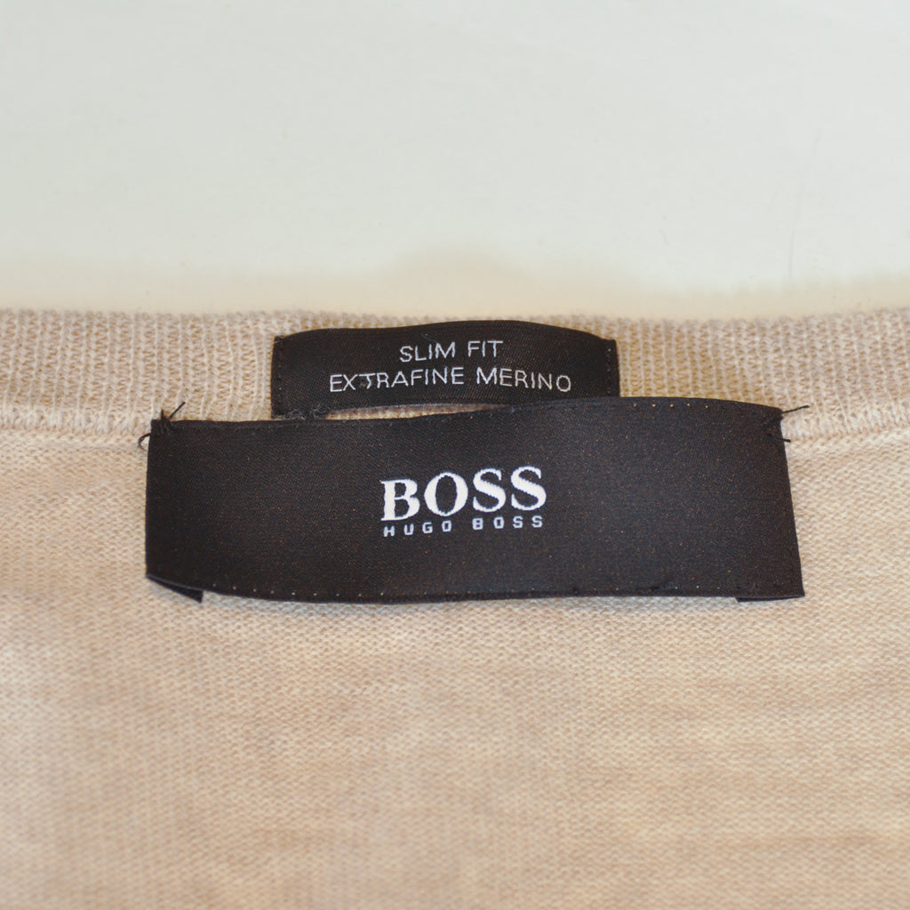 Hugo Boss Oatmeal Brown Slim Fit Merino V-Neck Sweater
