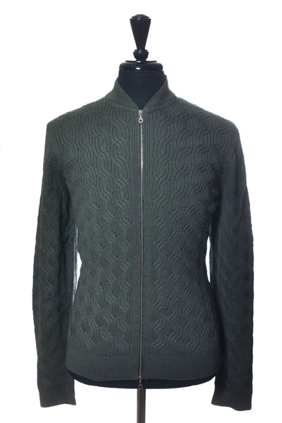 John Smedley Green Cable Knit Full Zip Sweater
