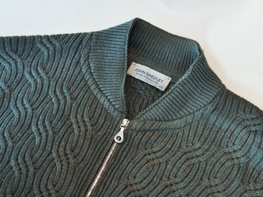 John Smedley Green Cable Knit Full Zip Sweater