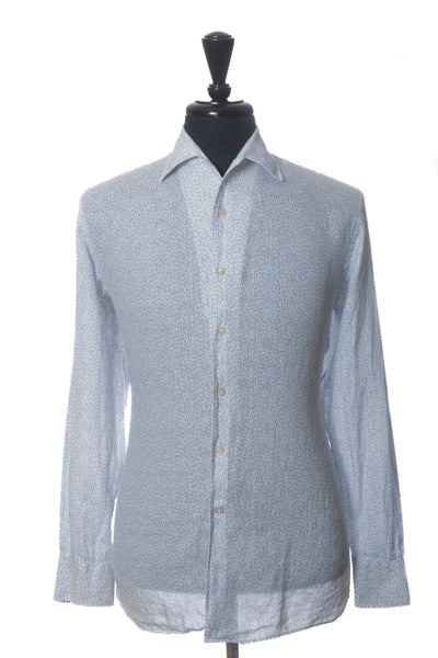 Canali Blue on White Geo Print Linen Shirt