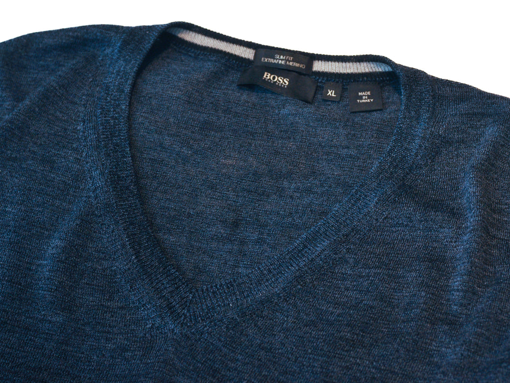 Hugo Boss Dark Blue Melba-N Merino Wool V-Neck Sweater