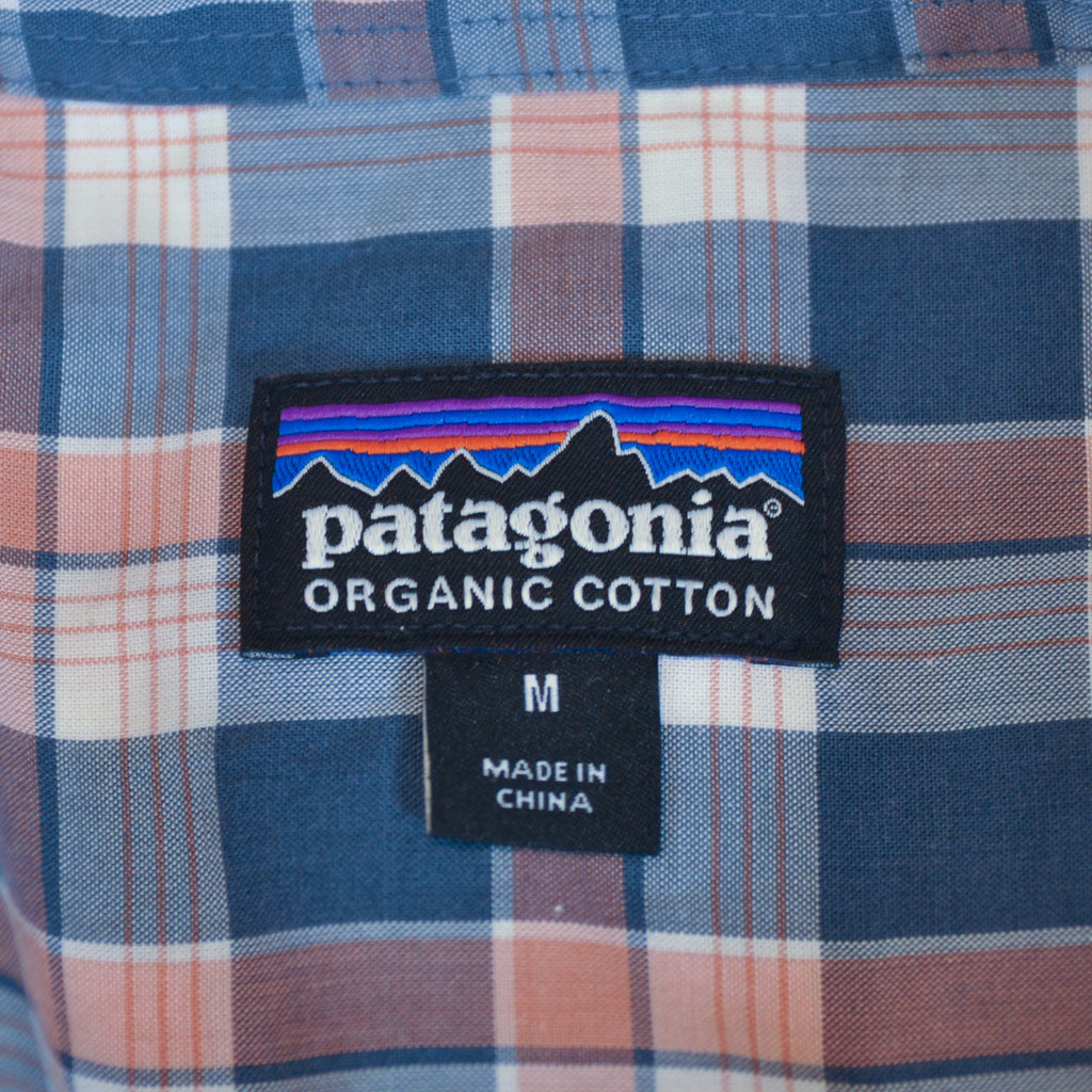 Patagonia Peach and Grey Check Organic Cotton Short Sleeve Shirt