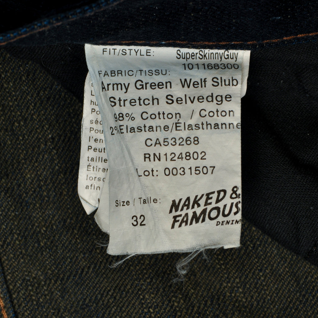 Naked & Famous SuperSkinnyGuy Green Weft Slub Stretch Selvedge Jeans