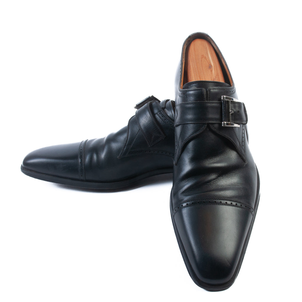Magnanni Black Cap Toe Monk Strap Shoes