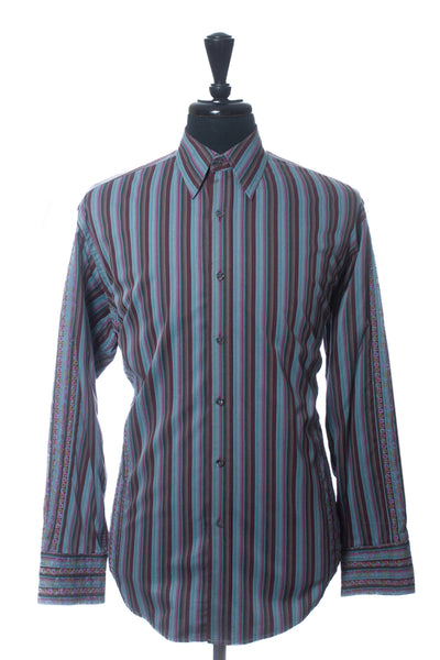Robert Graham Blue Floral Embroidered Bar Code Stripe Shirt