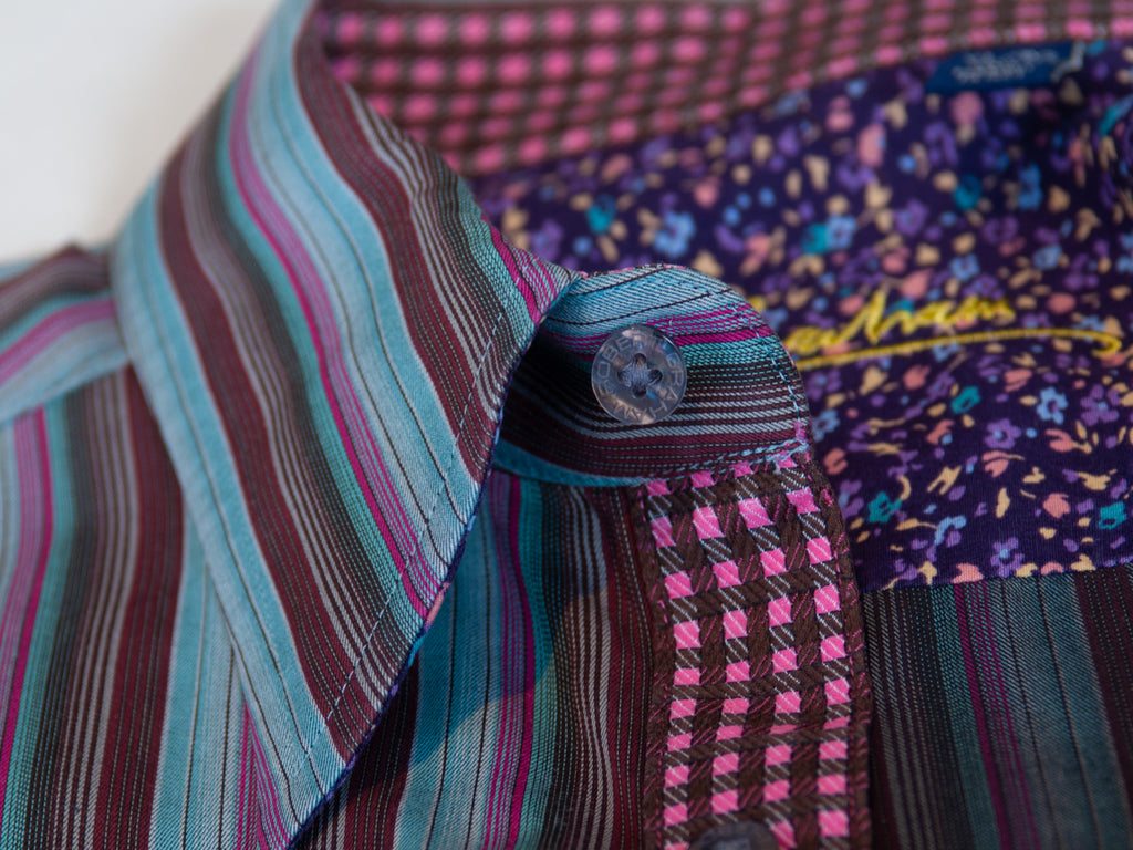 Robert Graham Blue Floral Embroidered Bar Code Stripe Shirt