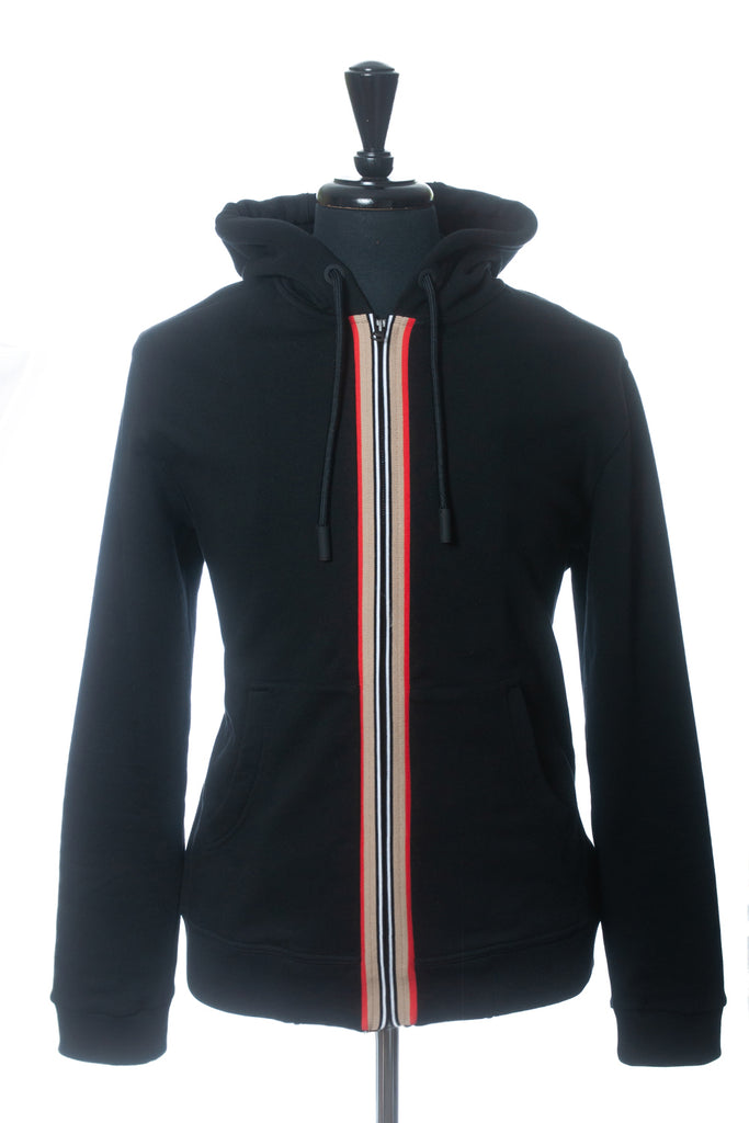 Burberry Black Icon Stripe Detail Cotton Full Zip Hoodie